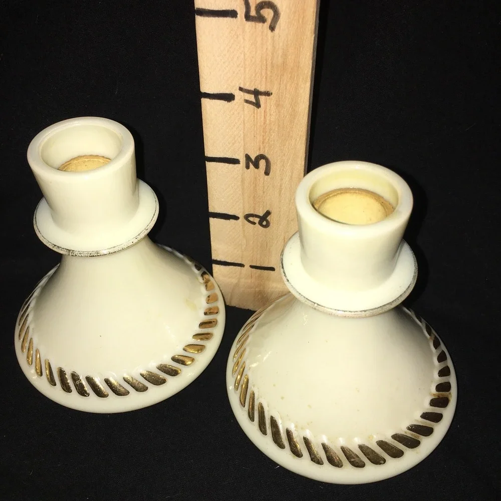 Vintage Pair Custard Glass with Gold accents Wheaton Ware Taper Candle Holders